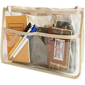 SZTLKHH Handbag Organizer Clear Cosmetic Gadget Insert See Through Purse Organiser Transparent Makeup Travel Pouch Liner with Handle (Beige, 11(L) x6.5(W) x4(D))…