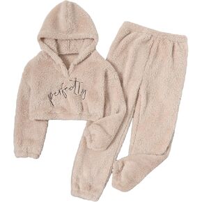 SHENHE Girl's 2 Piece Outfits Puffy Fuzzy Teddy Hoodie and Pants Warm Sweat Set in Saudi Arabia