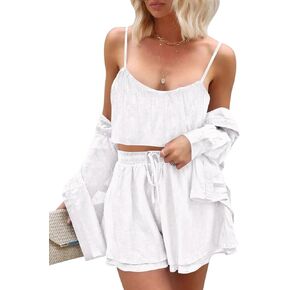 Fixmatti Women's 3 Piece Summer Outfits Long Sleeve Button Down Shirt Halter Top and Shorts Set