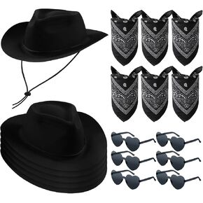 Newcotte 18 Pcs Western Cowboy Plastic Hat Set Include 6 Hats 6 Paisley Bandanas 6 Pairs Heart Style Glasses for Party