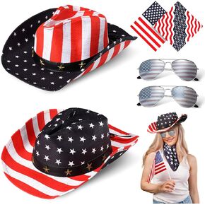 Mepase 6 Pcs American Flag Cowboy Hat with Cowboy Bandana and Glasses Fourth of July Hats American Flag Bandana American Flag Sunglasses for Independence Day Western Cowboy Cowgirl Costume Accessories in Kuwait