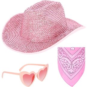 حجر الراين بالكامل قبعة رعاة البقر للنساء الوردي بريق قبعة راعية البقر ديسكو سباركلي قبعة رعاة البقر الغربية للعروس العازبة تأثيري حفل زفاف عيد الميلاد-صندوق التعبئة والتغليف in Kuwait