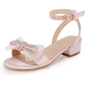 Coutgo Girls Low Heel Sandals Open Toe Rhinestone Ankle Strap Flower Wedding Dress Shoes Little Big Kids