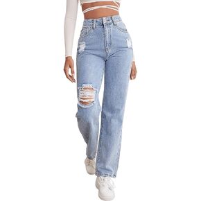 SweatyRocks Women's High Waist Straight Leg Jeans Ripped Distressed Denim Pants