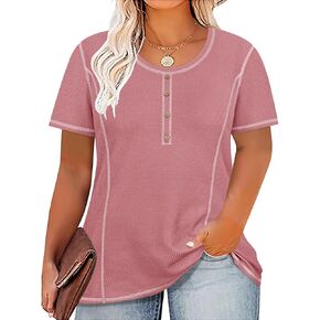 CARCOS Plus Size Tops for Women Short Sleeve Summer Pullover Waffle Knitted T Shirt V Neck Basic Tunic XL-5XL in Kuwait