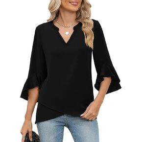 AKEWEI Womens V Neck 3/4 Ruffle Sleeve Blouses Tops Asymmetrical Hem Double Layers Chiffon Shirts Business Casual Tunic in Kuwait