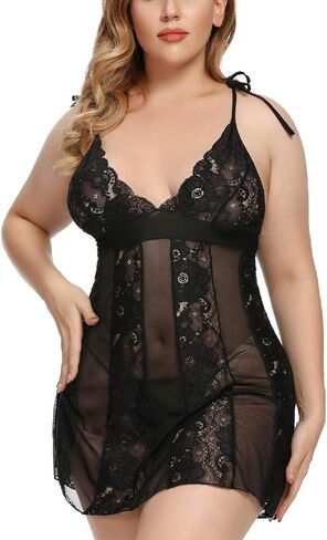 Women's Plus Size Lingerie Babydoll Black Sexy Lace Chemise Set Sexy Bodysuit Outfit in Kuwait