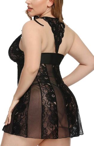 Women's Plus Size Lingerie Babydoll Black Sexy Lace Chemise Set Sexy Bodysuit Outfit in Kuwait