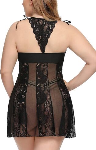 Women's Plus Size Lingerie Babydoll Black Sexy Lace Chemise Set Sexy Bodysuit Outfit in Kuwait