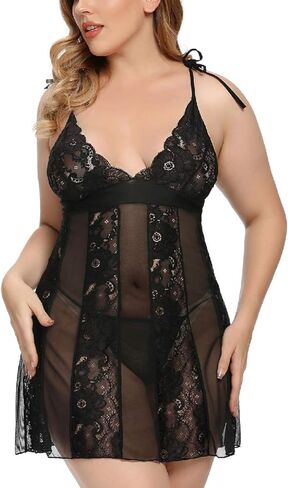 Women's Plus Size Lingerie Babydoll Black Sexy Lace Chemise Set Sexy Bodysuit Outfit in Kuwait