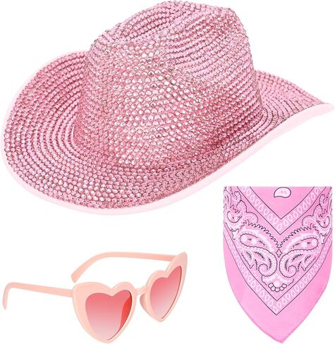 حجر الراين بالكامل قبعة رعاة البقر للنساء الوردي بريق قبعة راعية البقر ديسكو سباركلي قبعة رعاة البقر الغربية للعروس العازبة تأثيري حفل زفاف عيد الميلاد-صندوق التعبئة والتغليف in Kuwait