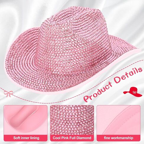 حجر الراين بالكامل قبعة رعاة البقر للنساء الوردي بريق قبعة راعية البقر ديسكو سباركلي قبعة رعاة البقر الغربية للعروس العازبة تأثيري حفل زفاف عيد الميلاد-صندوق التعبئة والتغليف in Kuwait