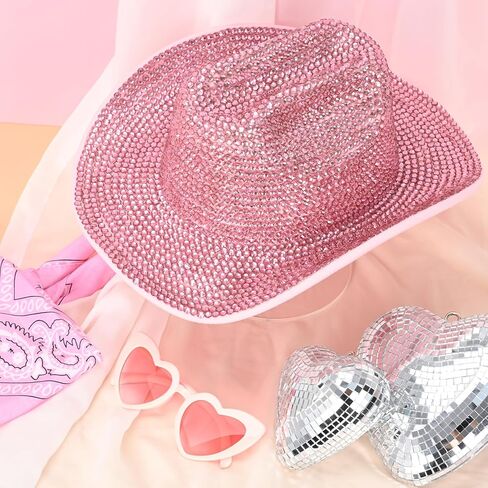 حجر الراين بالكامل قبعة رعاة البقر للنساء الوردي بريق قبعة راعية البقر ديسكو سباركلي قبعة رعاة البقر الغربية للعروس العازبة تأثيري حفل زفاف عيد الميلاد-صندوق التعبئة والتغليف in Kuwait