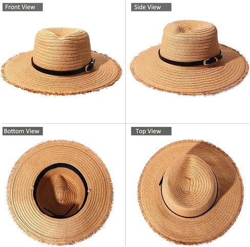 Womens Straw Hats Beach Hats Wide Brim Summer Sun Hats Fray-Edge Leather Band Panama Hats Packable Fedora Hats UPF 50+ in Saudi Arabia