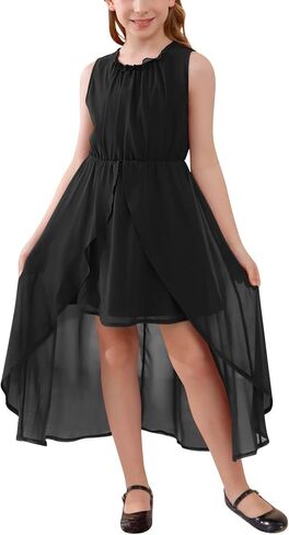 فستان حفلات طويل من GORLYA للفتيات بدون أكمام ورقبة مكشكشة وحاشية عالية وطبقة رسمية من الشيفون 4-14T in Kuwait