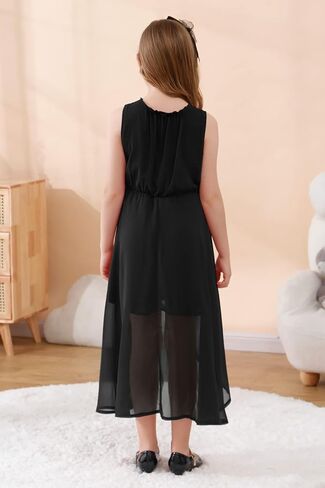 فستان حفلات طويل من GORLYA للفتيات بدون أكمام ورقبة مكشكشة وحاشية عالية وطبقة رسمية من الشيفون 4-14T in Kuwait