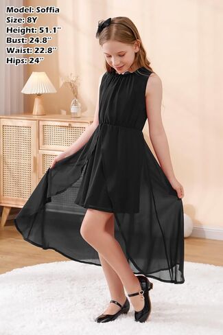 فستان حفلات طويل من GORLYA للفتيات بدون أكمام ورقبة مكشكشة وحاشية عالية وطبقة رسمية من الشيفون 4-14T in Kuwait