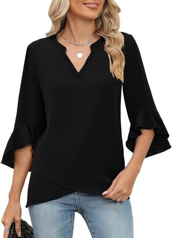 AKEWEI Womens V Neck 3/4 Ruffle Sleeve Blouses Tops Asymmetrical Hem Double Layers Chiffon Shirts Business Casual Tunic in Kuwait
