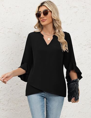 AKEWEI Womens V Neck 3/4 Ruffle Sleeve Blouses Tops Asymmetrical Hem Double Layers Chiffon Shirts Business Casual Tunic in Kuwait