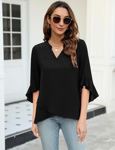 AKEWEI Womens V Neck 3/4 Ruffle Sleeve Blouses Tops Asymmetrical Hem Double Layers Chiffon Shirts Business Casual Tunic in Kuwait
