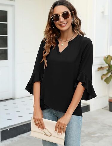 AKEWEI Womens V Neck 3/4 Ruffle Sleeve Blouses Tops Asymmetrical Hem Double Layers Chiffon Shirts Business Casual Tunic in Kuwait