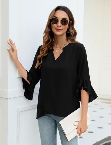 AKEWEI Womens V Neck 3/4 Ruffle Sleeve Blouses Tops Asymmetrical Hem Double Layers Chiffon Shirts Business Casual Tunic in Kuwait