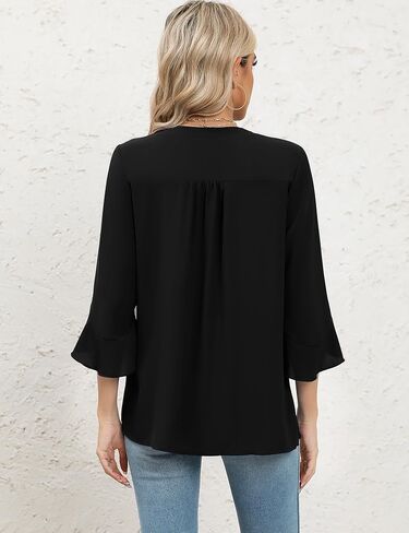 AKEWEI Womens V Neck 3/4 Ruffle Sleeve Blouses Tops Asymmetrical Hem Double Layers Chiffon Shirts Business Casual Tunic in Kuwait