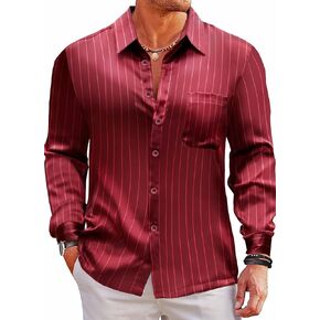 Blissshow Men's Luxury Satin Silk Shiny Lurex Dress Shirt Button Up Long Sleeve Wedding Party Casual Shirts（S-2XL）