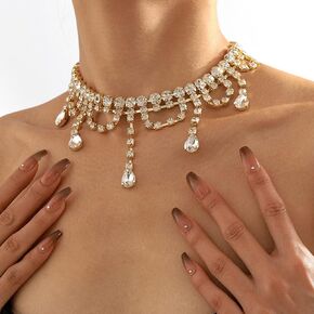Missgrace Sexy Shiny Choker Necklaces Rhinestone Necklace Chain Long Sparkly Crystal Necklace Jewelry for Women and Girls