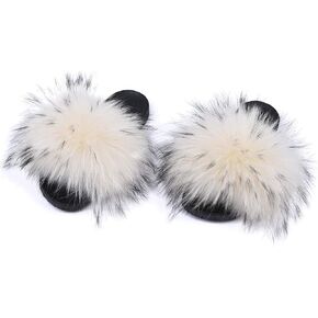 Jancoco Max Womens Fur Sliders Slippers Raccoon Fur Furry Slides Fashion Flat Soft Open Toe Fluffy Sandals in Saudi Arabia
