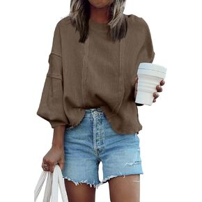 Panadila Women's Oversized Waffle Knit Pullover Casual Long Sleeve Tops Trendy Round Neck Tunic Shirts