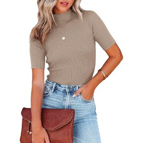 Nutssfiree Womens Mock Neck Tops Summer Dressy Casual Short Sleeve Ribbed Basic T Shirts