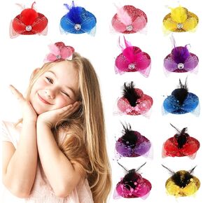 12 Pcs 4 Inch Tea Party Hats Hair Clips Mini Top Hat Fascinators Decorative Feather Mesh Bow Hair Barrette Hair Hairpin for Girls Women Feather Clip Tea Party Hair Accessories in Kuwait