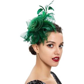 Veewon Flower Feather Fascinator Hat Net Veil Headband for Wedding, Bridal Shower, Cocktail Tea Party Decoration (Green)