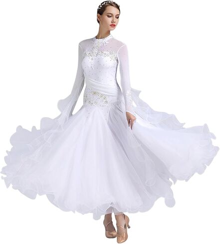ELLYDOOR Women's Ballroom Dance Dress Floral Rhinestone Professional Modern Waltz Competition Dress Prom Party Dance Dress in Kuwait