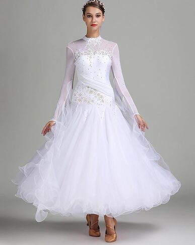 ELLYDOOR Women's Ballroom Dance Dress Floral Rhinestone Professional Modern Waltz Competition Dress Prom Party Dance Dress in Kuwait
