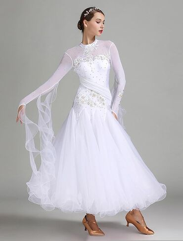 ELLYDOOR Women's Ballroom Dance Dress Floral Rhinestone Professional Modern Waltz Competition Dress Prom Party Dance Dress in Kuwait
