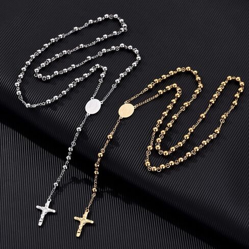 GAOYEE Stainless Steel Prayer Rosary Beads Cross Y Necklace Crucifix Catholic Virgin Mary Rosary Necklace Saint Benedict Medal Necklace in Saudi Arabia