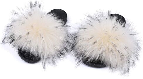 Jancoco Max Womens Fur Sliders Slippers Raccoon Fur Furry Slides Fashion Flat Soft Open Toe Fluffy Sandals in Saudi Arabia