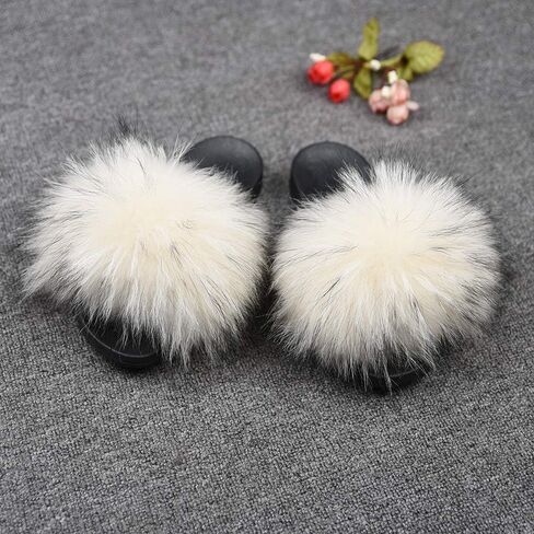 Jancoco Max Womens Fur Sliders Slippers Raccoon Fur Furry Slides Fashion Flat Soft Open Toe Fluffy Sandals in Saudi Arabia