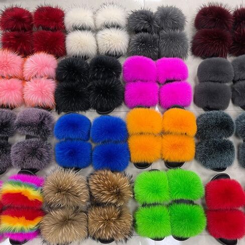 Jancoco Max Womens Fur Sliders Slippers Raccoon Fur Furry Slides Fashion Flat Soft Open Toe Fluffy Sandals in Saudi Arabia
