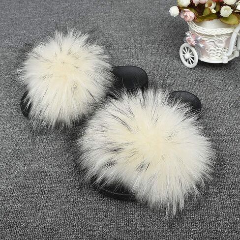 Jancoco Max Womens Fur Sliders Slippers Raccoon Fur Furry Slides Fashion Flat Soft Open Toe Fluffy Sandals in Saudi Arabia