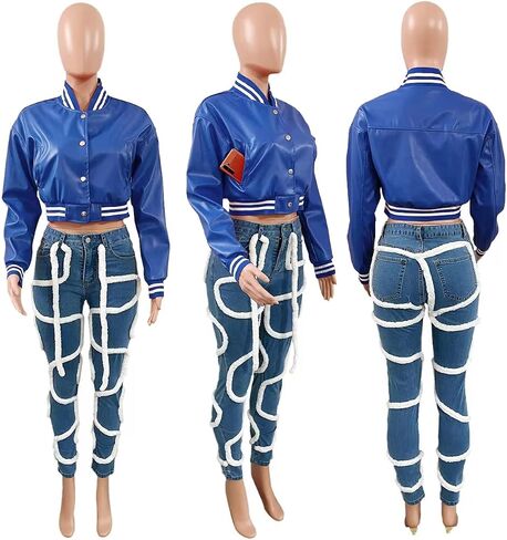 Doweha Women Faux Leather Jacket Light Moto Bomber Jackets Cropped Letterman Baseball Jacket Fall Coat with Pockets in Kuwait