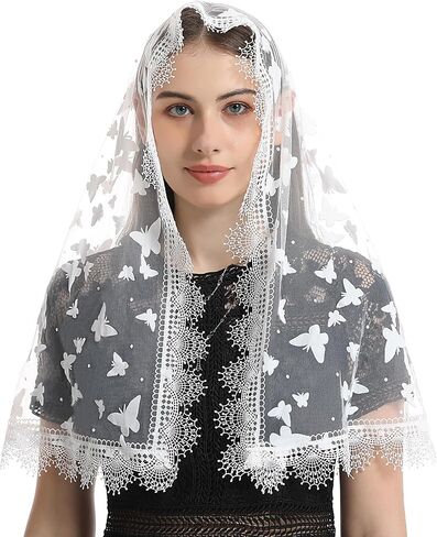 Mantveil حجاب الكنيسة الكاثوليكية مانتيلا: حجاب كلاسيكي متوسط ​​الطول على شكل حرف D متدفق من الدانتيل للنساء غطاء رأس جماعي in Kuwait