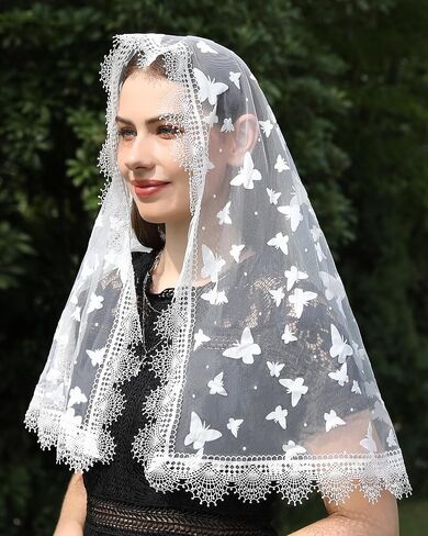Mantveil حجاب الكنيسة الكاثوليكية مانتيلا: حجاب كلاسيكي متوسط ​​الطول على شكل حرف D متدفق من الدانتيل للنساء غطاء رأس جماعي in Kuwait