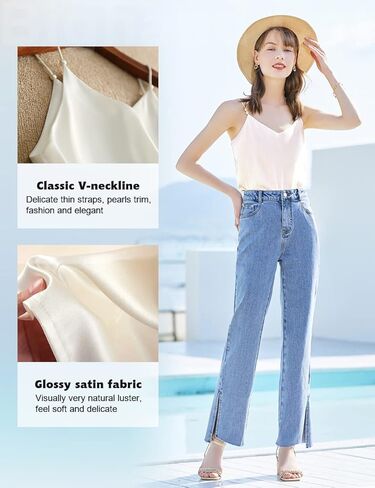 قميص قصير حريمي من IIG بحمالات سباغيتي وحمالات حريرية على شكل حرف V ورقبة على شكل حرف V in Kuwait