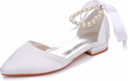 Women's Pearl Satin Wedding Shoes Pointed Toe Comfortable Bridal Flats Formal Prom Party Dress Pumps Ankle Strap Sandals in Saudi Arabia