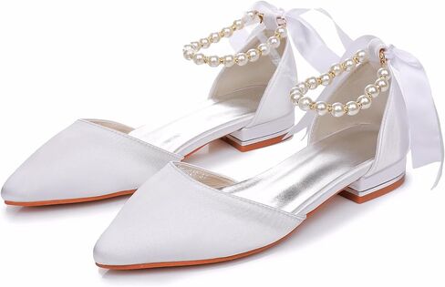 Women's Pearl Satin Wedding Shoes Pointed Toe Comfortable Bridal Flats Formal Prom Party Dress Pumps Ankle Strap Sandals in Saudi Arabia