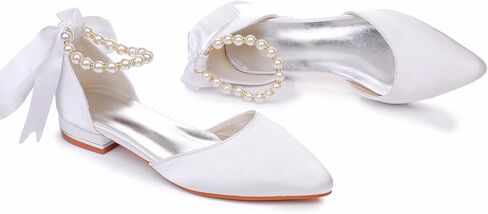 Women's Pearl Satin Wedding Shoes Pointed Toe Comfortable Bridal Flats Formal Prom Party Dress Pumps Ankle Strap Sandals in Saudi Arabia