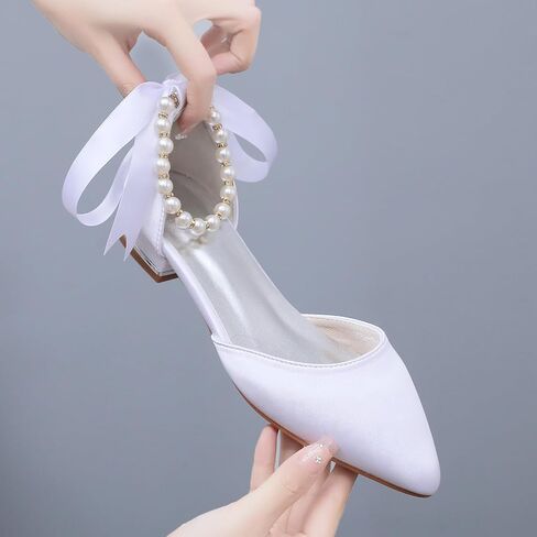 Women's Pearl Satin Wedding Shoes Pointed Toe Comfortable Bridal Flats Formal Prom Party Dress Pumps Ankle Strap Sandals in Saudi Arabia